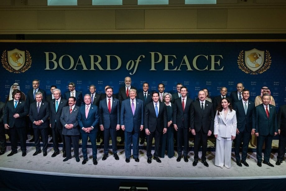 World leaders and founding members of the Board of Peace gather for the inaugural meeting at the Donald J. Trump Institute