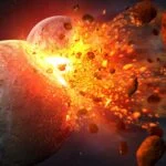 An illustration showing the protoplanet Theia smashing into Earth and releasing a large cloud of molten debris