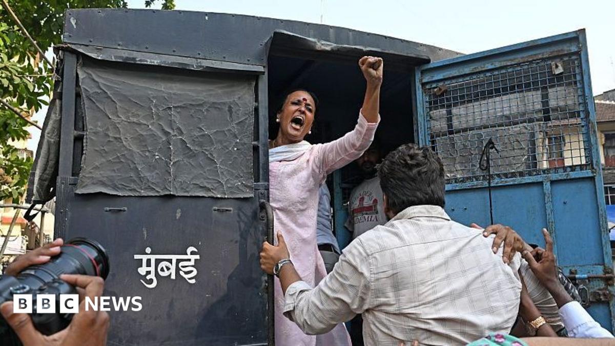 A woman in a police van gestures to the crowd by putting her fist in the air