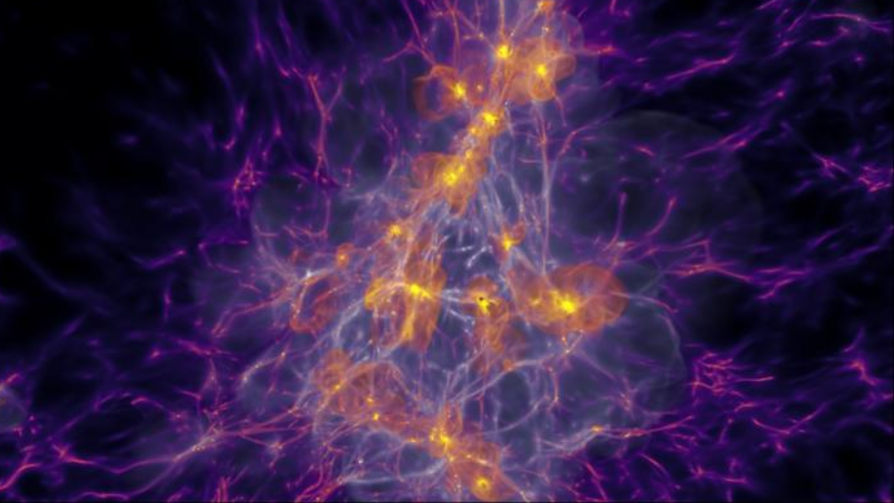 Interlinked strands of purple smokle with concentrated regions glowing in gold