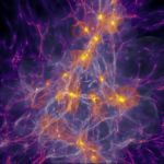 Interlinked strands of purple smokle with concentrated regions glowing in gold