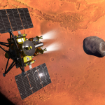 Artist's concept of JAXA's MMX spacecraft with the Martian moon Phobos and planet Mars in the background