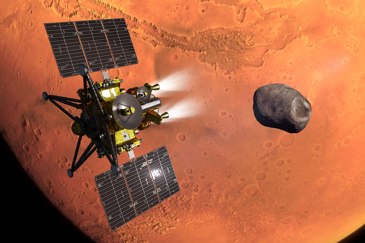 Artist's concept of JAXA's MMX spacecraft with the Martian moon Phobos and planet Mars in the background